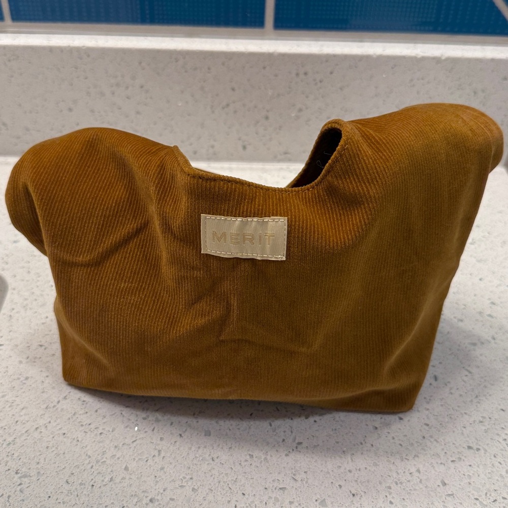 Merit Signature Cosmetic Bag Women's Brown Corduroy Tie Top Pouch Casual Boho